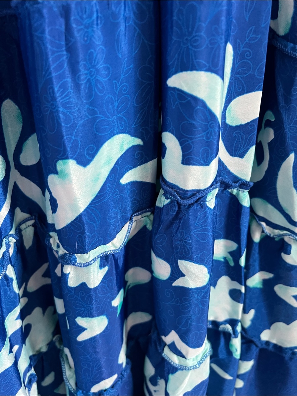 Nauria | Silk Blue Aqua Tropical Floral Ruffle Womenâs Maxi Dress NWT One Size - Picture 10 of 17